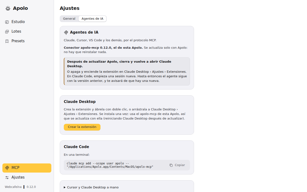 La sección MCP de Apolo, con la extensión de Claude Desktop y lo que hay que copiar para cada agente