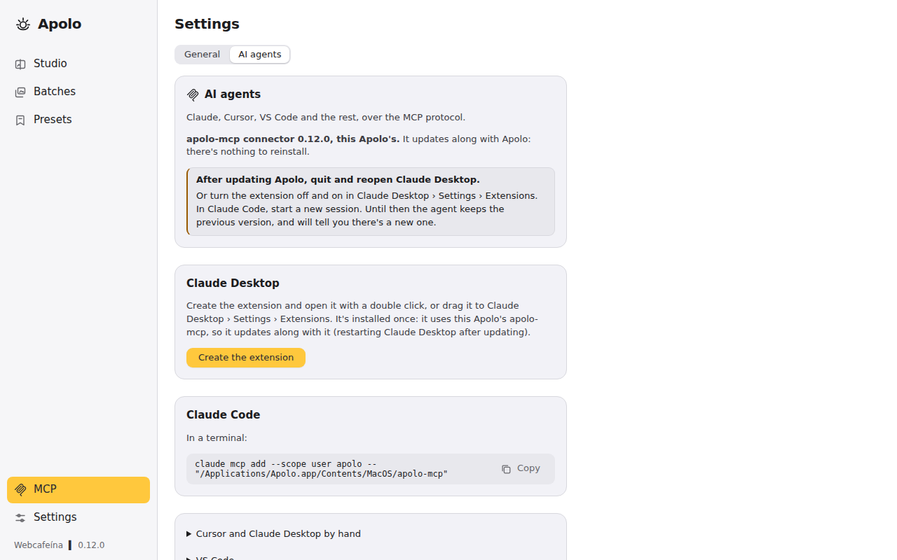 Apolo's MCP section, with the Claude Desktop extension and what to copy for each agent