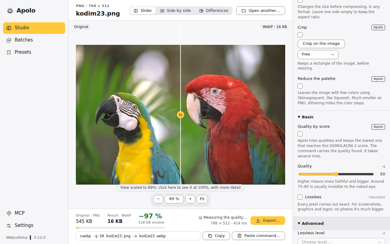 Apolo's Studio: a photo compared with its compressed version, with the slider in the middle and cwebp's options on the right