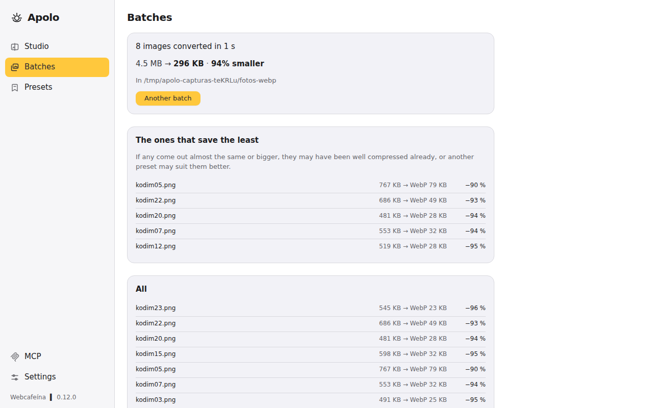 Batches when done: how many images were converted, how much was saved and the list of files